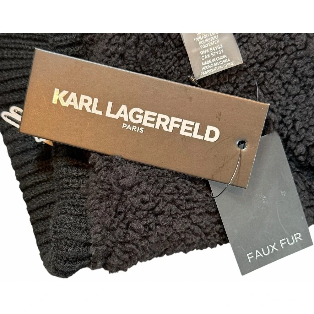 Karl Lagerfeld Paris Women's Apres Ski Faux Fur Pom Pom Beanie Black Winter Hat